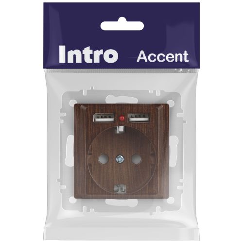 Розетка 1-м СП Accent 6-410-10 16А IP20 250В P+E Schuko + 2хUSB защ. шторки венге Intro Б0063717
