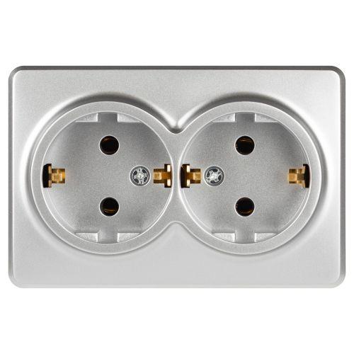 Розетка 2-м ОП Эксперт 11-2205-03 16А IP20 250В 2х2P+E Schuko с заземл. алюм. Эра Б0063046