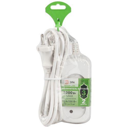 Удлинитель 2х3м без заземл. 10А IP20 GREEN LINE UDL-10-230 ПВС 2х0.75 Эра Б0065067