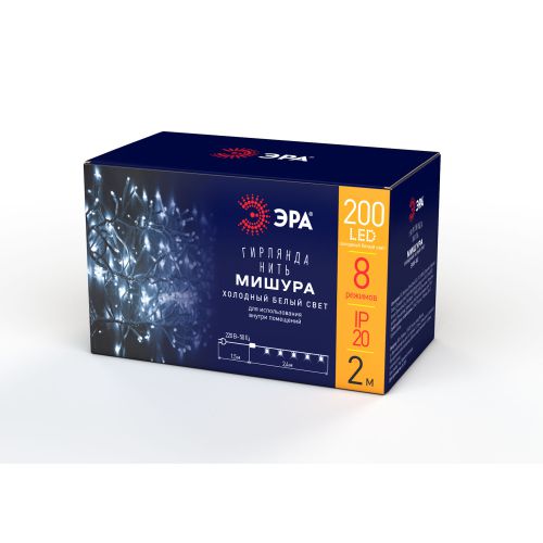 Гирлянда светодиодная "Мишура 3м 200LED 220В IP20 бел. провод холод. свет ENIN-WC Эра Б0047971