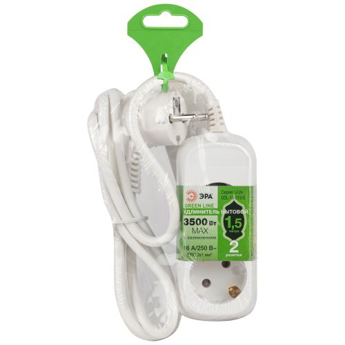 Удлинитель 2х1.5м с заземл. 16А IP20 GREEN LINE UDL-16-215-E ПВС 3х1 Эра Б0065079