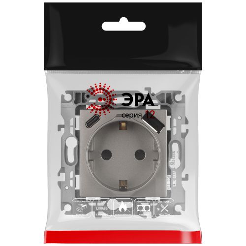 Розетка Эра12 12-4108-16 16А 250В 2P+E с USB type-A+C 5В-3А защ. шторки титан Эра Б0067762