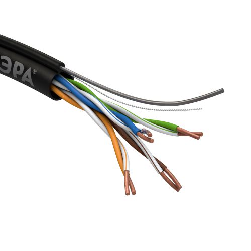 Кабель витая пара U/UTP кат.5E 4х2х24AWG solid CU PE OUTDOOR трос черн. (уп.305м) U-4-PE-T Эра Б0044432