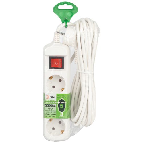 Удлинитель 3х5м с заземл. 10А IP20 GREEN LINE UDL-10-350-ES ПВС 3х0.75 с выкл. Эра Б0065080