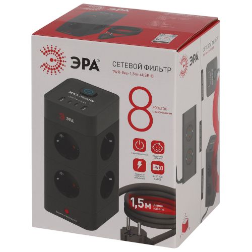 Фильтр сетевой башня 8х1.5 с заземл. 16А IP20 TWR-8es-1.5m-4USB-B с выключателем + 4хUSB A+C черн. Эра Б0069072
