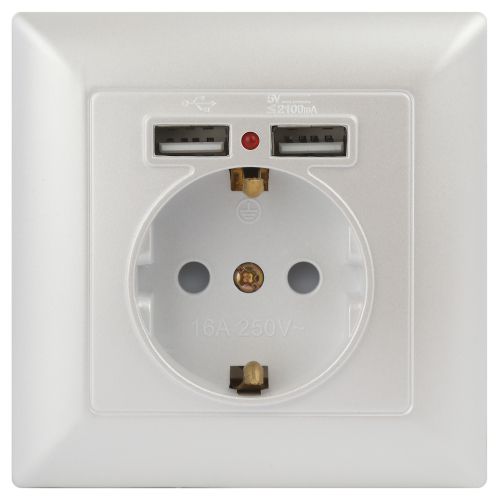 Розетка 1-м СП Solo 4-410-06 P+E Schuko 16А 250В + 2хUSB IP20 с заземл. защ. шторки перламутр Intro Б0053718