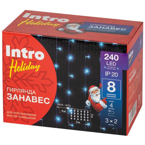 Гирлянда светодиодная "Занавес" 3х2м 240LED холод. бел. 220В Holiday INZL-02W Intro Б0060438