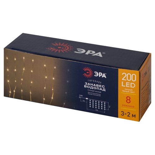 Гирлянда светодиодная "Занавес водопад" 3х2м 200LED тепл. бел. IP20 ENIN-200WL Эра Б0060416