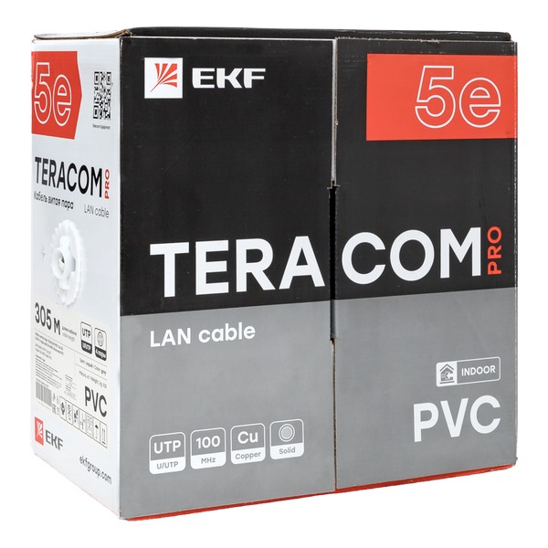 Кабель витая пара U/UTP кат.5E 4 пары 24 AWG solid PVC сер. (м) TERACOM PRO EKF TRP-5EUTP-04PVC-GY-IN3