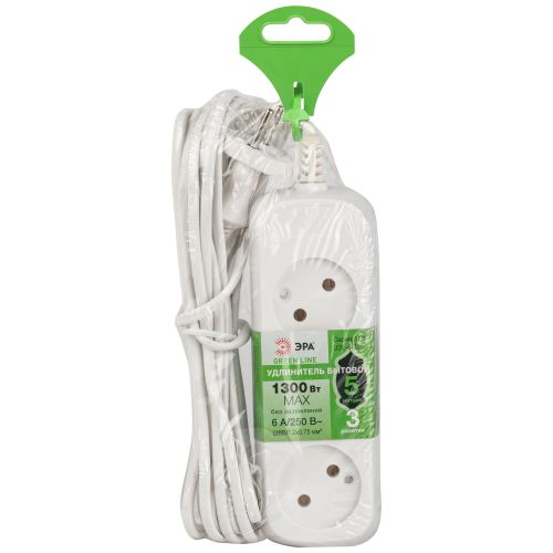 Удлинитель 3х5м без заземл. 6А IP20 GREEN LINE UDL-6-350 ШВВП 2х0.75 Эра Б0065070
