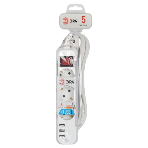 Удлинитель 3х5м с заземл. + 3xUSBA 10А с выкл. U-3es-5m-USB Эра Б0052902