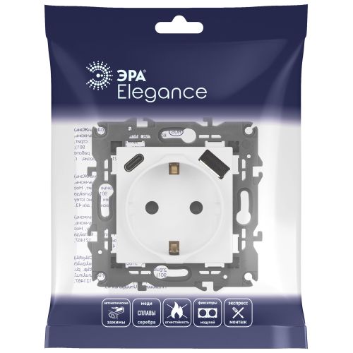 Розетка Elegance 14-4108-01М 16A 250В 2P+E защ. шторки с USB type-A+C 3А 5В матов. бел. Эра Б0067710