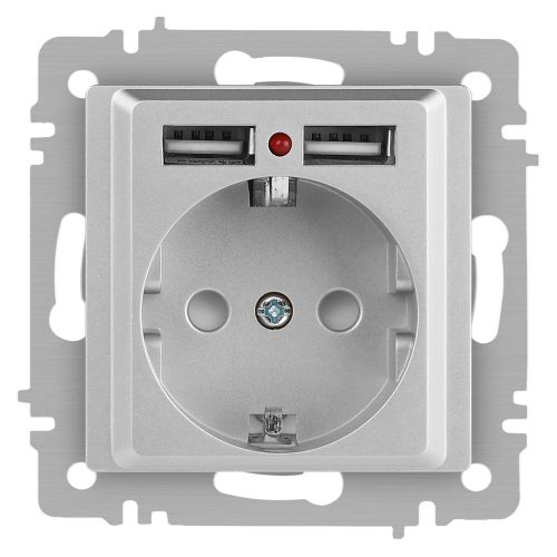 Розетка 1-м СП Accent 6-410-03 16А IP20 250В P+E Schuko + 2хUSB защ. шторки алюм. Intro Б0063694