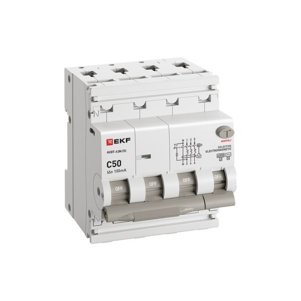 Выключатель автоматический дифференциального тока 4п (3P+N) C 50А 100мА тип AC 6кА АВДТ-63N (S) селективный электромеханич. PROxima EKF D63N46MS50C100