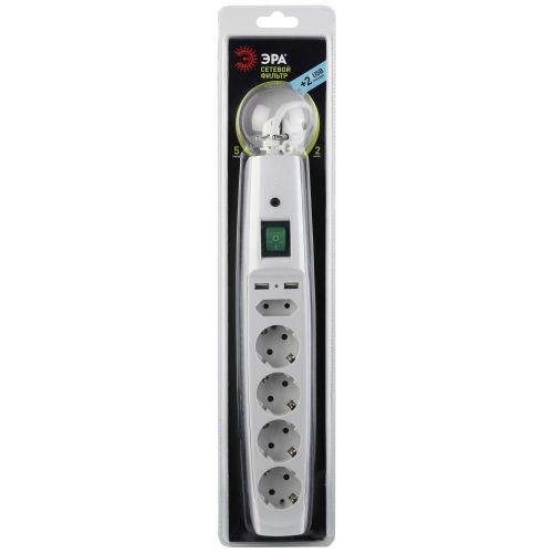 Удлинитель с сетевым фильтром 5х2м с заземл. 10А IP20 U-5es-2m-W 2хUSB ПВС 3х0.75 с выкл. защ. шторки бел. Эра C0043327