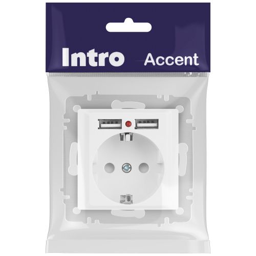 Розетка 1-м СП Accent 6-410-01 16А IP20 250В P+E Schuko защ. шторки + 2хUSB бел. Intro Б0063689