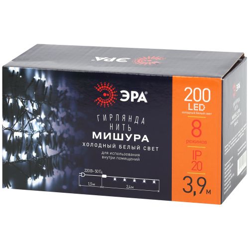 Гирлянда светодиодная "Нить Мишура" 2м 200LED 220В IP20 зел. провод холод. свет ENIN-GC Эра Б0047969