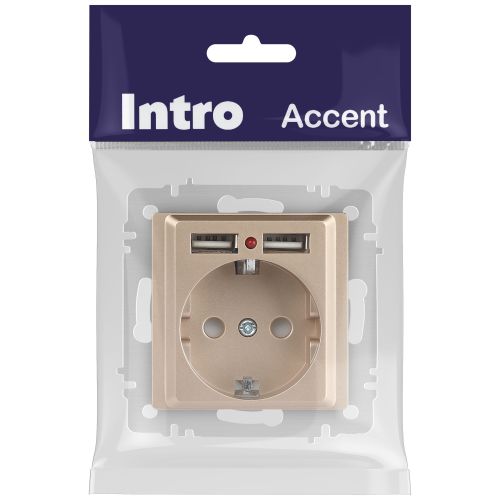 Розетка 1-м СП Accent 6-410-04 16А IP20 250В P+E Schuko + 2хUSB защ. шторки шампань Intro Б0063696