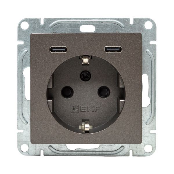 Розетка СП Эпика 16А с 2 USB-C с заземл. защ. шторки механизм мокко EKF UP1-SOM-111-2USBC