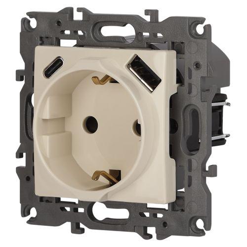 Розетка 1-м СП Elegance 14-4108-02 16А 250В 2P+E с USB type-A+C 5В-3А защ. шторки сл. кость Эра Б0067725