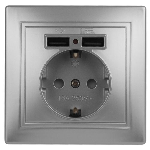 Розетка 1-м СП Plano 1-410-03 16А IP20 + 2хUSB алюм. Intro Б0053944