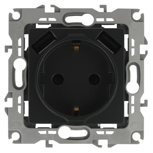Розетка 16А 250В 2P+E с 2хUSB 5В-3А защ. шторки Эра12 антрацит 12-4109-05 ЭРА Б0047844