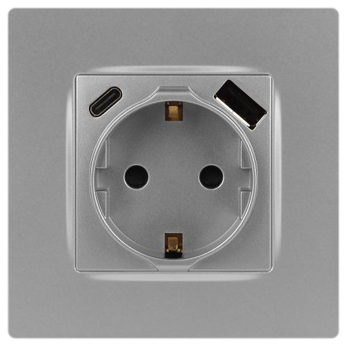 Розетка Эра12 12-4108-03 16А 250В 2P+E с USB type-A+C 5В-3А защ. шторки алюм. Эра Б0067716