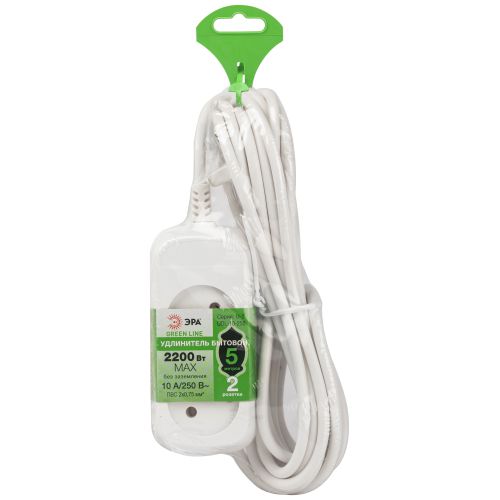 Удлинитель 2х5м без заземл. 10А IP20 GREEN LINE UDL-10-250 ПВС 2х0.75 Эра Б0065044