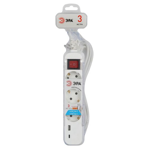 Удлинитель 3х3м с заземл. 10А +1xUSBA+1xUSBC с выкл. UB-3es-3m-USB Эра Б0052898