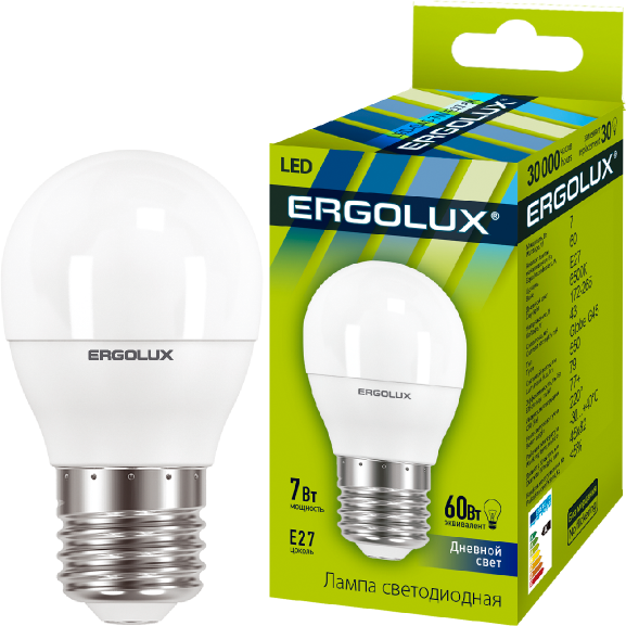 Лампа светодиодная LED-G45-7W-E27-6500K 7Вт шар матовая 6500К холод. бел. Е27 220-240В Ergolux 12877