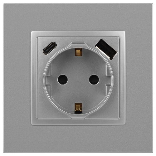 Розетка 1-м СП Elegance 14-4108-03 16А 250В 2P+E с USB type-A+C 5В-3А защ. шторки алюм. Эра Б0067741