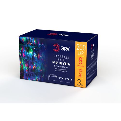 Гирлянда светодиодная "Мишура" 3.9м 200LED 220В IP20 бел. провод мультиколор ENIN-WM Эра Б0047972