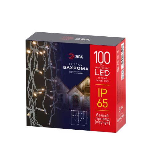 Гирлянда светодиодная "Бахрома" 0.7х2м 100LED тепл. бел. новогодняя провод бел. каучук (без шнура питания) ERAPS-WK1 Эра Б0056012