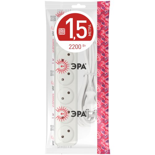 Удлинитель 5х1.5м без заземл. 10А IP20 U-5s-1.5m-2х1 ПВС 2х1 с выкл. Эра Б0044055