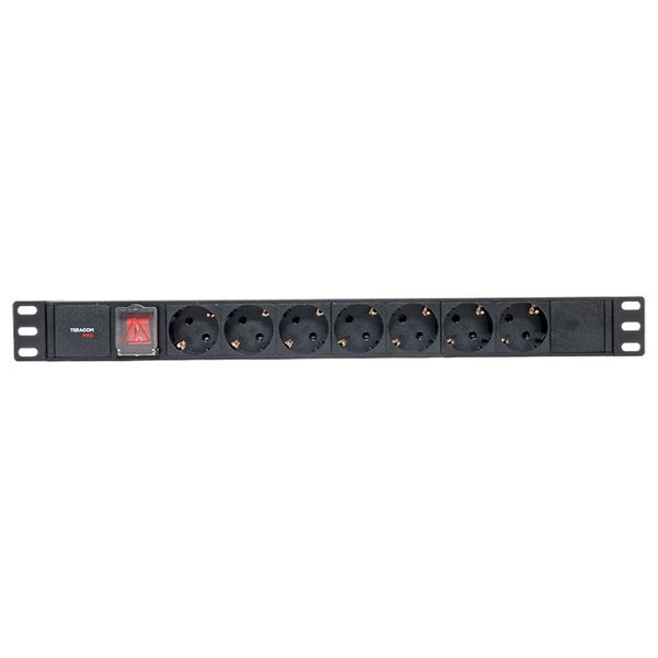 Блок PDU TERACOM PRO 19дюйм 1U 10А 250В 7-м Schuko с выкл. без шнура питания вх. разъем C14 алюм. черн. EKF TRP-HPD-LS-10A-7SH-C14