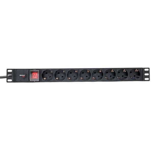 Блок PDU TERACOM PRO 19дюйм 1U 16А/250В 8 роз. Schuko с выключат. шнур 2м 3х1.5кв.мм вилка Schuko корпус алюм. черн. EKF TRP-HPD-LS-16A-8SH-2MSH