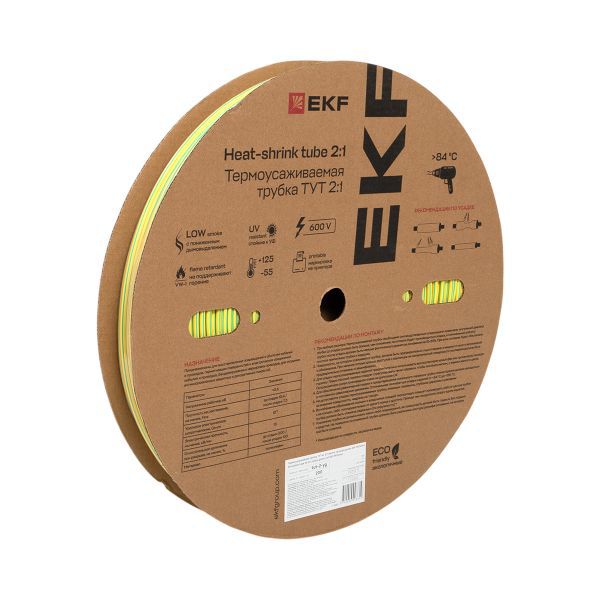 Трубка термоусадочная ТУТ нг 2/1 желт./зел. (уп.200м) EKF tut-2-yg