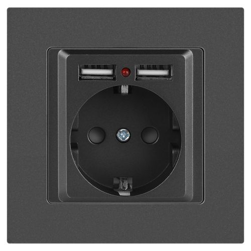 Розетка 1-м СП Accent 6-410-07 16А IP20 250В P+E Schuko + 2хUSB защ. шторки графит Intro Б0063702