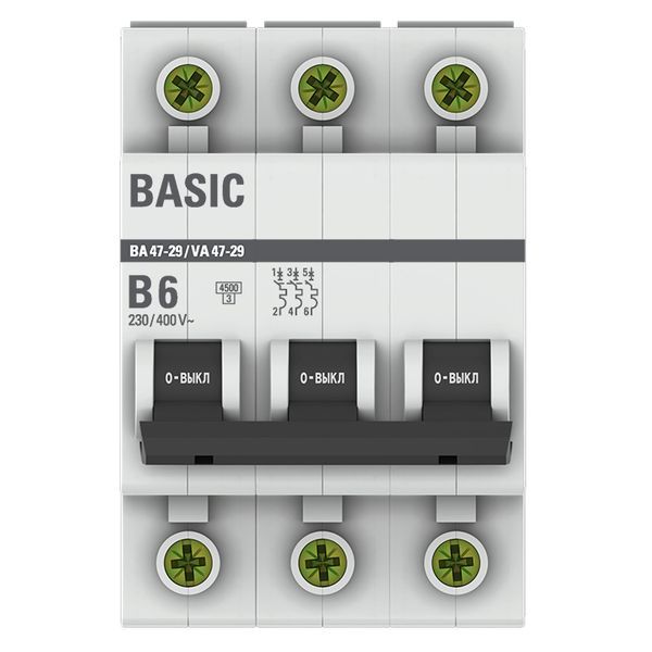 Выключатель автоматический модульный 3п B 6А 4.5кА ВА 47-29 Basic EKF mcb4729-3-06-B