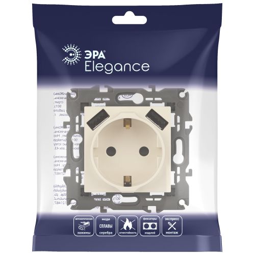 Розетка 16А 250В 2P+E с 2хUSB 5В-3А защ. шторки Elegance сл. кость 14-4109-02 ЭРА Б0047868