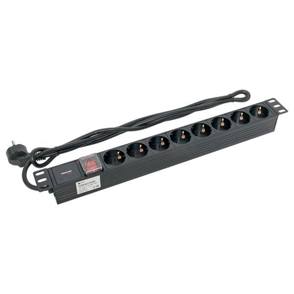 Блок PDU TERACOM PRO 19дюйм 1U 16А/250В 8 роз. Schuko с выключат. шнур 2м 3х1.5кв.мм вилка Schuko корпус пластик черн. EKF TRP-HPD-LSP-16A-8SH-2MSH