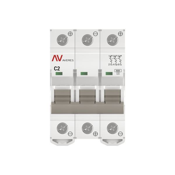 Выключатель автоматический модульный 3п C 2А 6кА AV-6 AVERES EKF mcb6-DC-3-02C-av