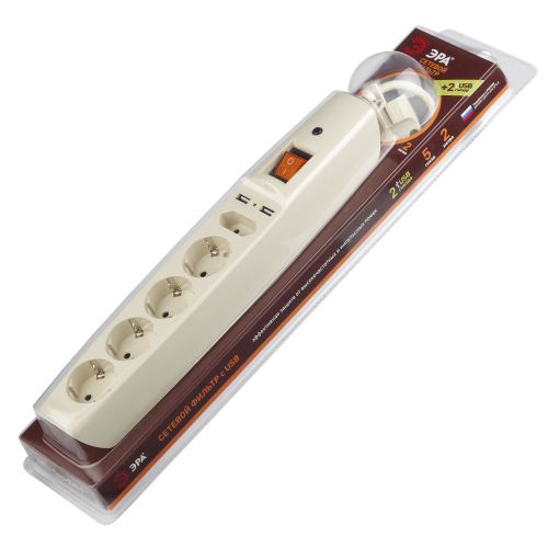 Удлинитель с сетевым фильтром 5х2м с заземл. 10А IP20 U-5es-2m-I 2хUSB ПВС 3х0.75 с выкл. защ. шторки сл. кость Эра C0043328