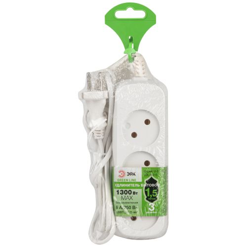 Удлинитель 3х1.5м без заземл. 6А IP20 GREEN LINE UDL-6-315 ШВВП 2х0.75 Эра Б0065043