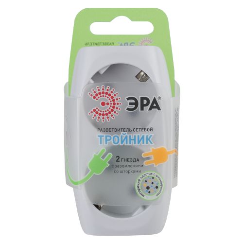 Разветвитель 2-м с заземл. 16А IP20 SP-2e-W защ. шторки бел. Эра C0045528
