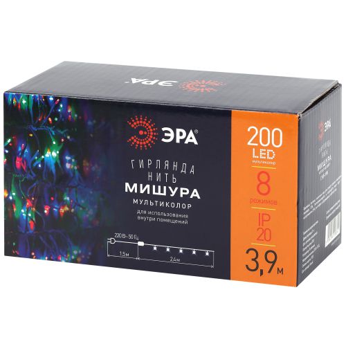 Гирлянда светодиодная "Мишура" 3.9м 200LED 220В IP20 бел. провод мультиколор ENIN-WM Эра Б0047972