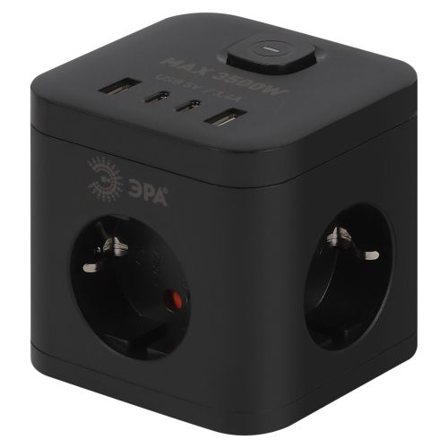 Удлинитель куб 3х1.5 с заземл. 16А IP20 CUBE-3es-1.5m-4USB-B с выключателем + 4xUSB A+C черн. Эра Б0069074