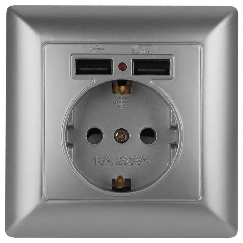 Розетка 1-м СП Solo 4-410-03 P+E Schuko 16А 250В + 2хUSB IP20 с заземл. защ. шторки алюм. Intro Б0053715