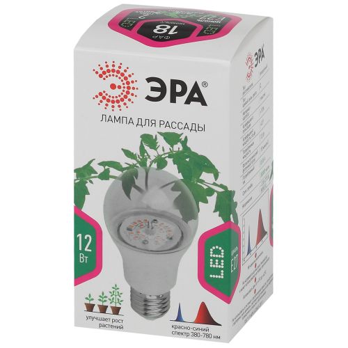 Лампа светодиодная FITO-12W-RB-E27-K 12Вт A60 грушевидная прозрачная 1310К E27 130-270В для растений красн./син. спектр Эра Б0039070