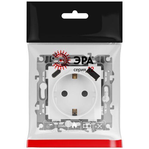 Розетка Эра12 12-4108-01 16А 250В 2P+E с USB type-A+C 5В-3А защ. шторки бел. Эра Б0067752